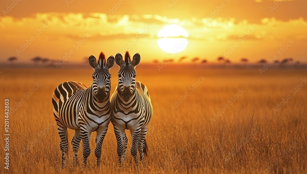 Obraz premium Zebras Stand Together in Golden Sunset Savanna Grassland during African Wildlife's Majestic Display