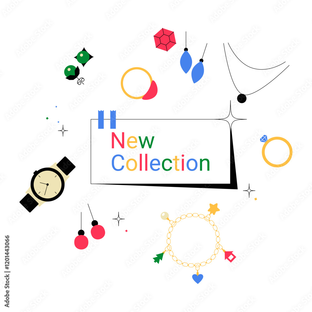 Obraz premium New Collection Jewelry Set With Watches And Accessories In Flat Vector Illustration Symbolizing Fashion, Luxury, And Style, Isolated On White Background.