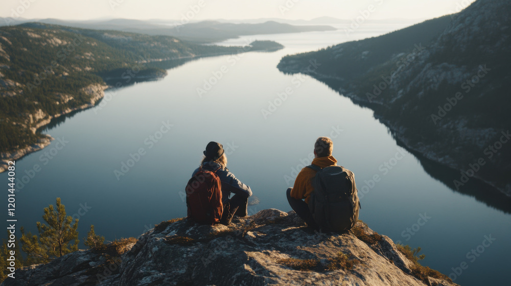Two travelers sitting on rocky cliff, enjoying serene view of lake surrounded by mountains. peaceful atmosphere evokes sense of adventure and connection with nature Two travelers sitting on rocky cliff, enjoying serene view of lake surrounded by mountains. peaceful atmosphere evokes sense of adventure and connection with nature