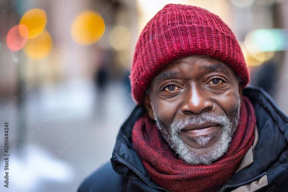 Close up portrait of an African senior man in winter clothes in the city. Close up portrait of an African senior man in winter clothes in the city.