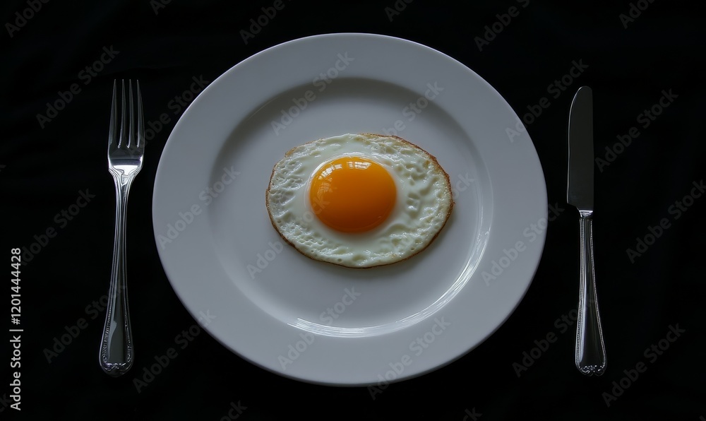 A Single Fried Egg on a White Plate with Silverware A Single Fried Egg on a White Plate with Silverware