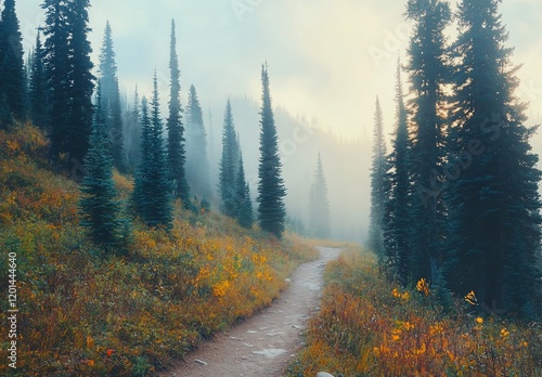 Misty mountain trail winding through autumnal forest. photo