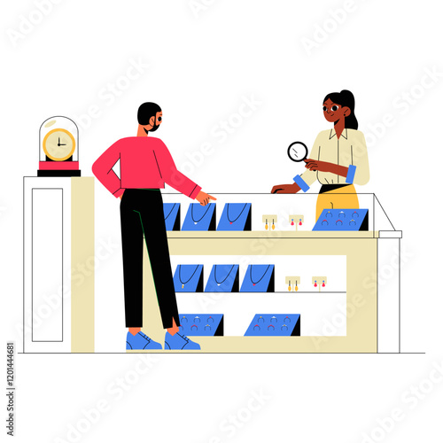 Male Customer Interacting With Female Shop Assistant In Jewelry Store In Flat Vector Illustration Symbolizing Retail Interaction, Shopping Experience, And Customer Service, Isolated On White