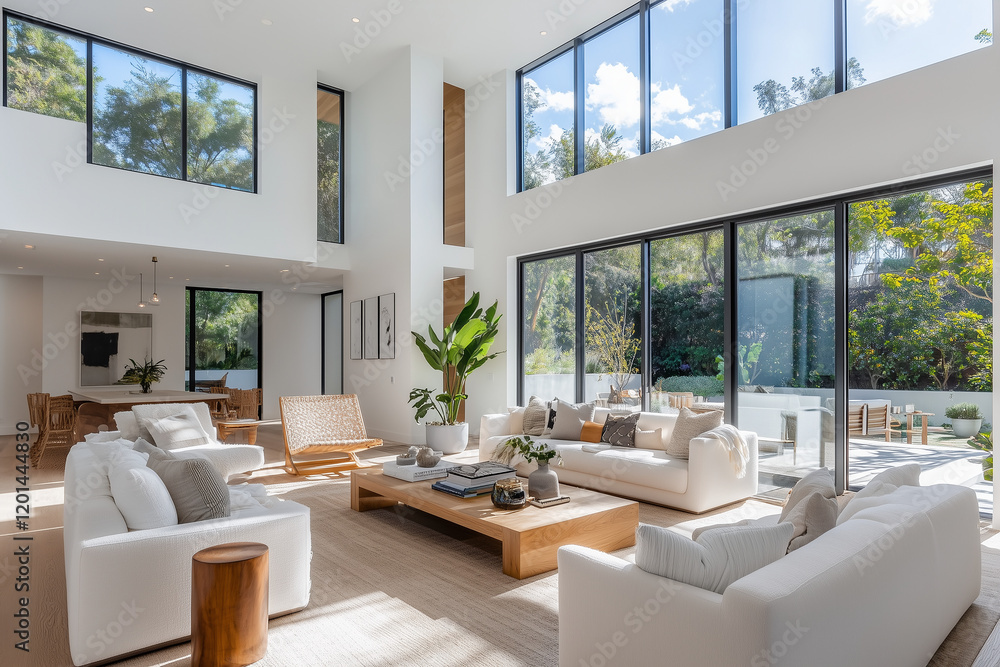Fototapeta premium A wide-angle interior shot of a modern minimalist living room, featuring clean white walls, sleek Scandinavian-style furniture, and large floor-to-ceiling windows