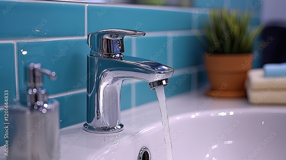 Modern bathroom faucet pouring water into a white sink against a turquoise tiled wall, with plants