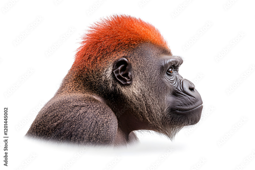 Obraz premium Portrait of gorilla monkey with bright vibrant mohawk, side view isolated on white background 