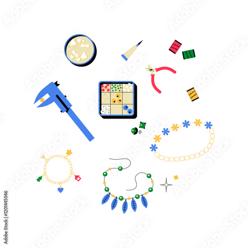 Jewelry Crafting Tools And Supplies In Flat Vector Illustration Symbolizing Creativity, Handmade Jewelry, And Craftsmanship, Isolated On White Background