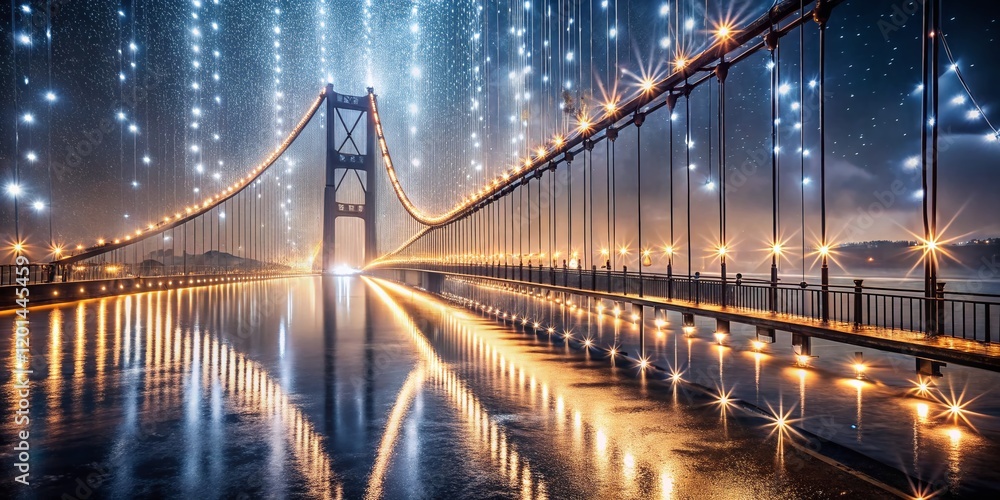 Fototapeta premium Rainy Night Christmas Lights on Long Suspension Bridge Stock Photo
