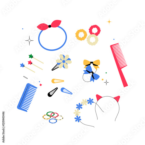 Hair Accessories Collection With Comb, Hairpins, Hairbands, And Clips In Flat Vector Illustration Symbolizing Beauty, Styling, And Fashion, Isolated On White Background.