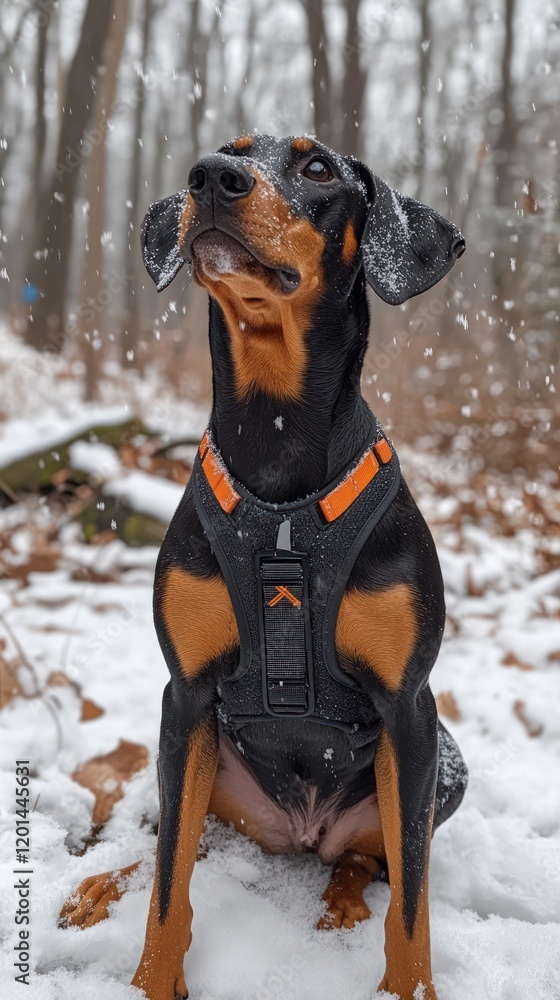 A black and tan dog wearing a harness sits in the snow during a snowfall in a forest. A black and tan dog wearing a harness sits in the snow during a snowfall in a forest.