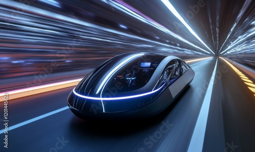 A sleek, futuristic vehicle glides swiftly along a vibrant, illuminated highway, symbolizing speed, innovation, and the exhilarating advance of travel technology. photo