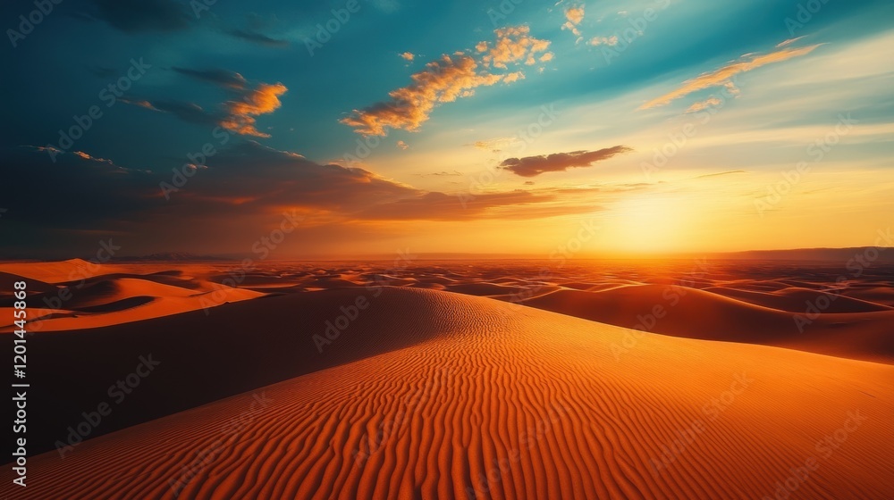 Expansive desert landscape at sunset highlighting warm desert tones and dramatic clouds in the sky Expansive desert landscape at sunset highlighting warm desert tones and dramatic clouds in the sky