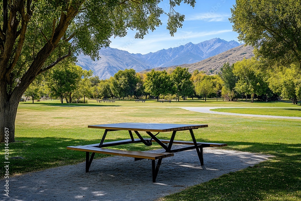 Scenic park picnic table under trees, mountain view. Scenic park picnic table under trees, mountain view.