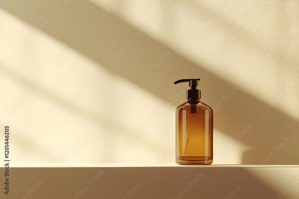 A front view of an amber pump bottle displayed against a neutral backdrop, perfect for showcasing products like soap or lotion. A front view of an amber pump bottle displayed against a neutral backdrop, perfect for showcasing products like soap or lotion.