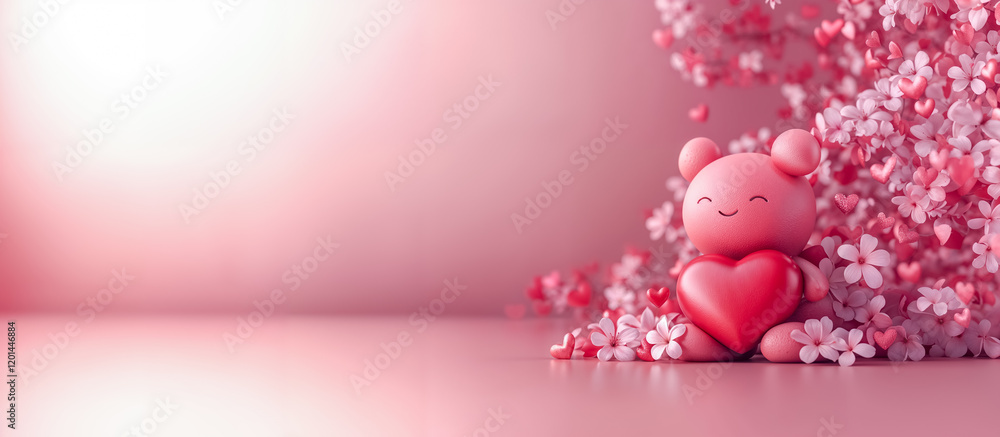 ourson qui tient un coeur rose posé au milieu de branchages en forme de coeur sur un fond rose au format panoramique ourson qui tient un coeur rose posé au milieu de branchages en forme de coeur sur un fond rose au format panoramique