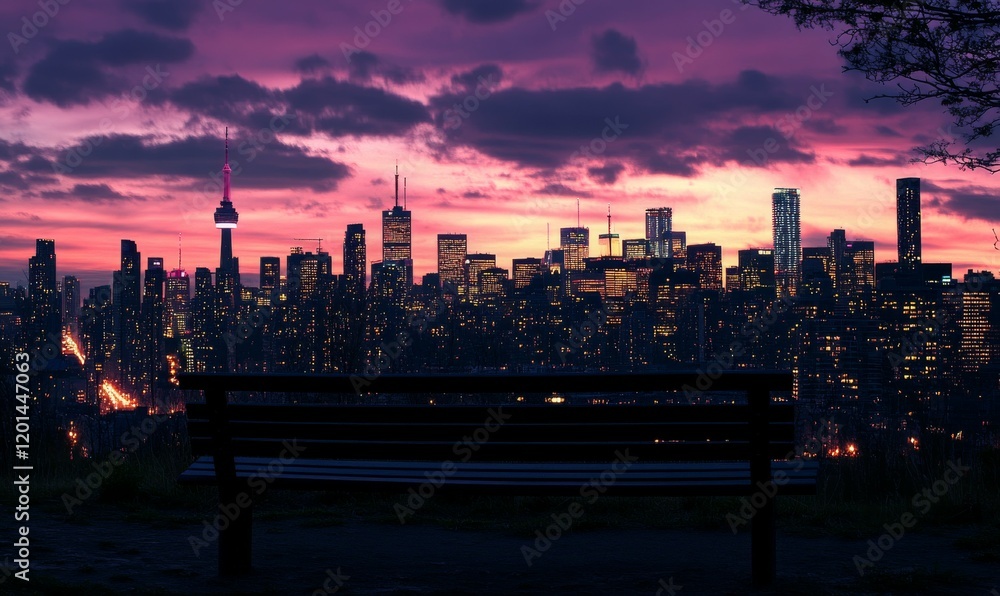 Fototapeta premium City skyline at dusk with a bench overlooking lights
