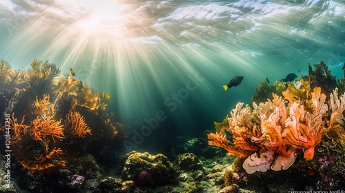 Sunbeams illuminate vibrant underwater coral reef scene with diverse fish. photo