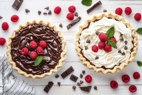 Two delicious homemade chocolate raspberry pies, one with chocolate ganache, the other with whipped cream, garnished with fresh raspberries and chocolate chips. photo