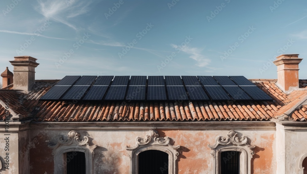 Rooftop solar panels on a historic structure, harmonizing modern renewable energy with traditional architectural beauty. Rooftop solar panels on a historic structure, harmonizing modern renewable energy with traditional architectural beauty.