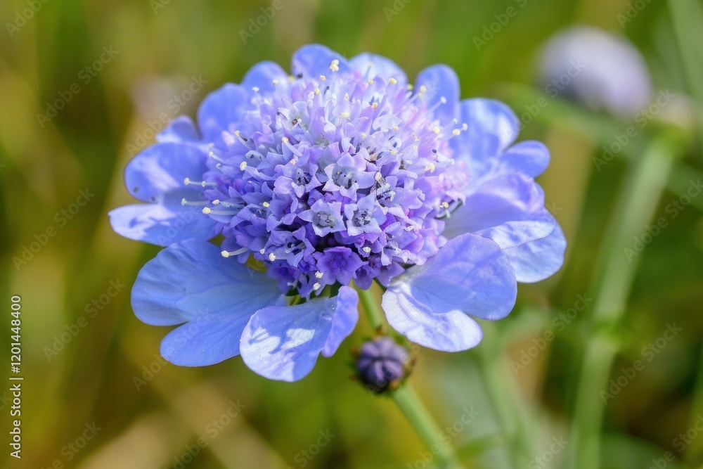 Close up of a vibrant purple field scabious flower showcasing its intricate beauty in a natural meadow setting Close up of a vibrant purple field scabious flower showcasing its intricate beauty in a natural meadow setting