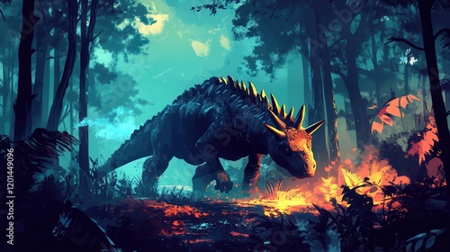 Ankylosaur Dinosaur Roams A Mystical Forest Night photo