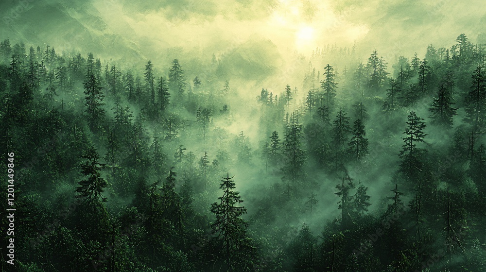 Misty mountain forest at sunrise. Misty mountain forest at sunrise.