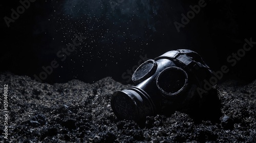 Rusted gas mask partially buried in soil, surrounded by smoke and debris. Evokes themes of war, survival, pollution, and apocalyptic scenarios. Generative AI. photo