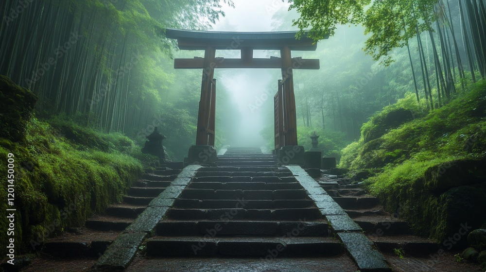 Mystical stone steps leading to a torii gate in a misty bamboo forest.
