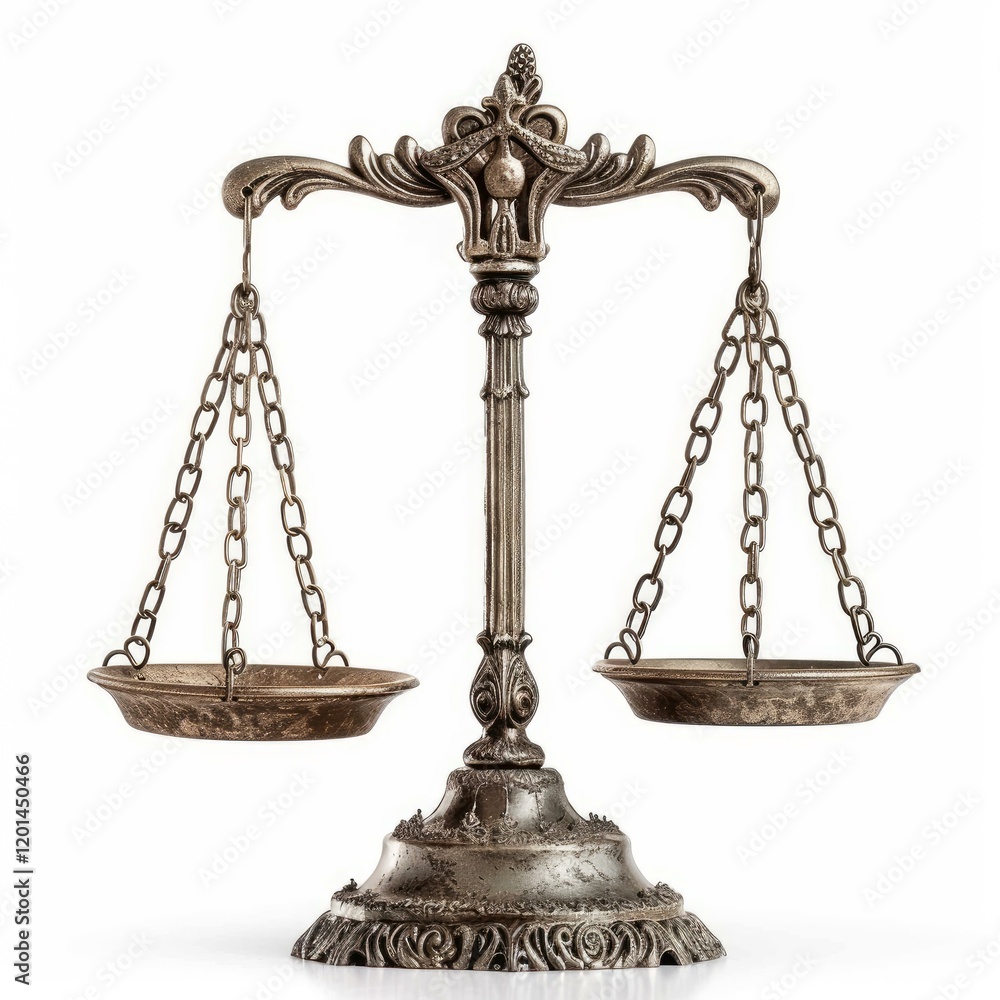 Ornate scales of justice balancing on white, symbolizing fairness, law, and legal decisions Ornate scales of justice balancing on white, symbolizing fairness, law, and legal decisions