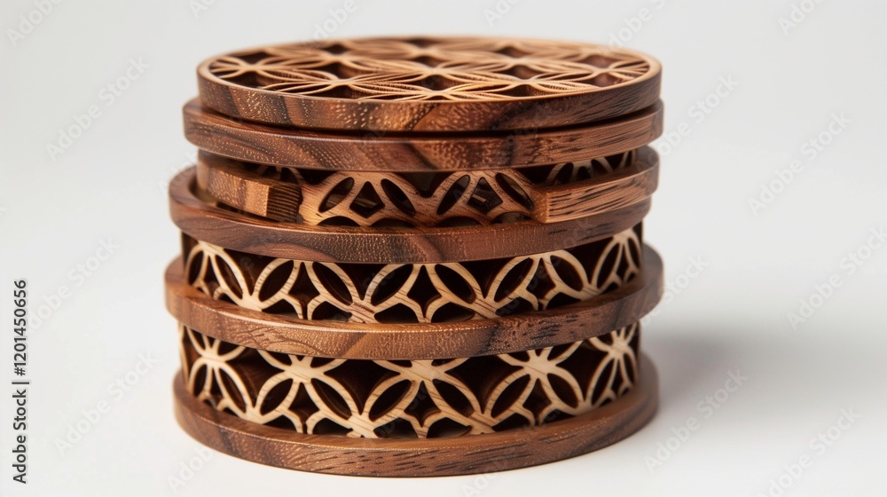 A set of handcrafted coasters with intricate geometric patterns arranged in a neat stack. The natural wood grain is highlighted. A set of handcrafted coasters with intricate geometric patterns arranged in a neat stack. The natural wood grain is highlighted.