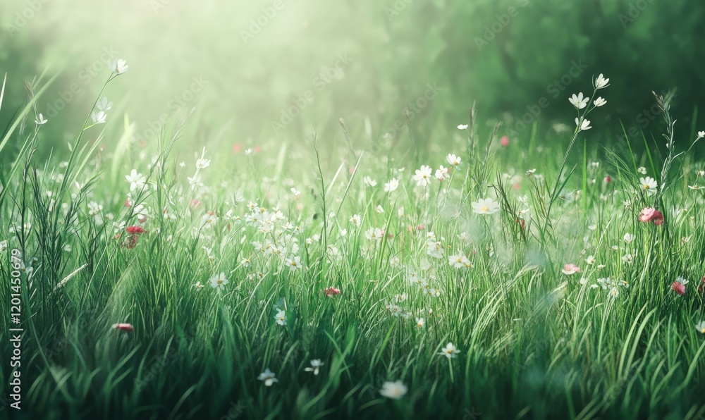 A vibrant green meadow with a variety of wildflowers swaying gently in the breeze, floral arrangement, fresh cut grass A vibrant green meadow with a variety of wildflowers swaying gently in the breeze, floral arrangement, fresh cut grass
