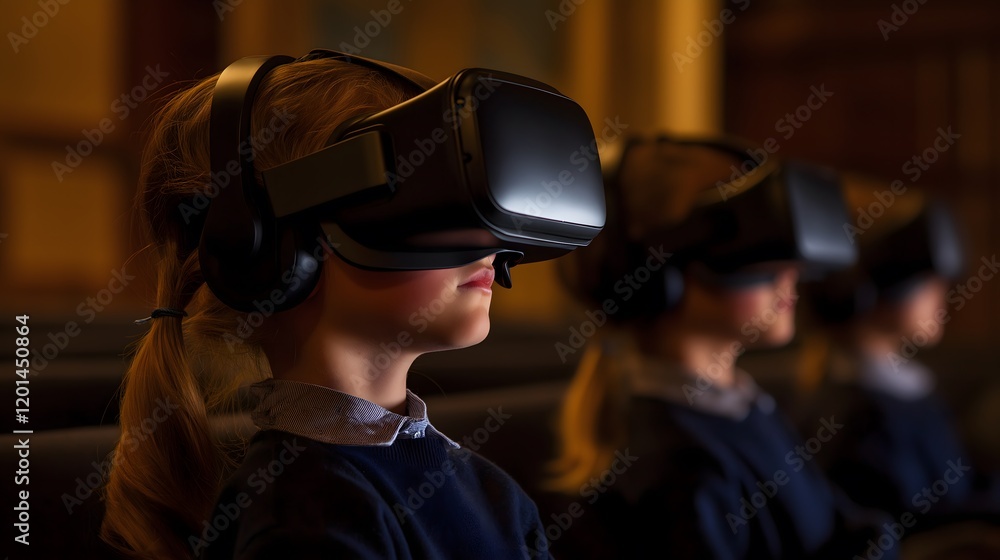 Generation Alpha and trends concept: Kids participating in a virtual reality history class, Generation Alpha, immersive educational technology. Generation Alpha and trends concept: Kids participating in a virtual reality history class, Generation Alpha, immersive educational technology.