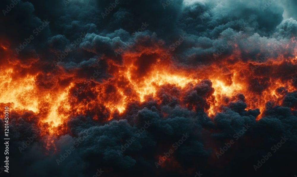 A dark foreboding cloud of smoke and flames that blocks out the sunlight, flaming clouds, burning sky, pollution cloud A dark foreboding cloud of smoke and flames that blocks out the sunlight, flaming clouds, burning sky, pollution cloud
