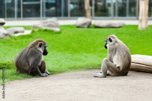 Astonished look on the faces of two hamadryas baboons captured in a nature reserve setting with faded colors photo