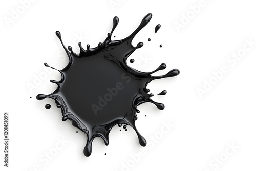 Black Liquid Swirl and Splash with Droplets isolated on white background