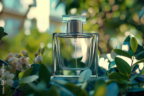 A glass perfume bottle set against a botanical green outdoor background, creating a fresh, natural product display. photo