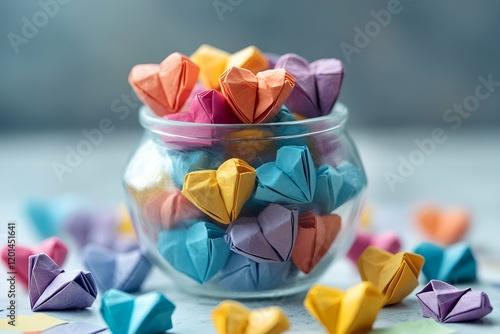 Glass jar with colorful origami hearts on blurred background

 photo