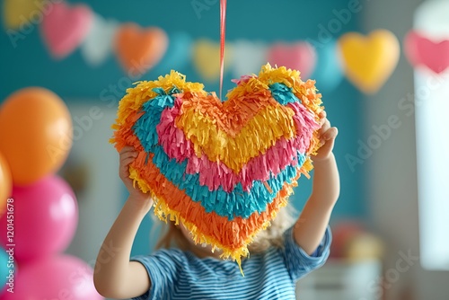 Child holding colorful heart-shaped piñata at a festive celebration photo