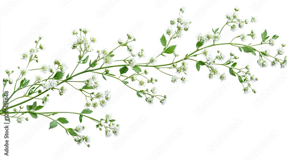 Minimalistic image of delicate white baby's breath flowers on green stems against a white background. Represents simplicity and natural elegance. Generative AI. Minimalistic image of delicate white baby's breath flowers on green stems against a white background. Represents simplicity and natural elegance. Generative AI.