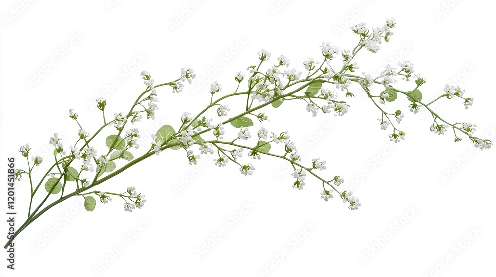 Minimalistic image of delicate white baby's breath flowers on green stems against a white background. Represents simplicity and natural elegance. Generative AI. Minimalistic image of delicate white baby's breath flowers on green stems against a white background. Represents simplicity and natural elegance. Generative AI.