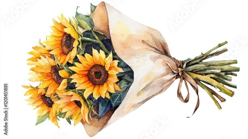 Watercolor illustration of a sunflower bouquet wrapped in kraft paper. The bright composition reflects cheerfulness, beauty, and rustic charm. Generative AI.