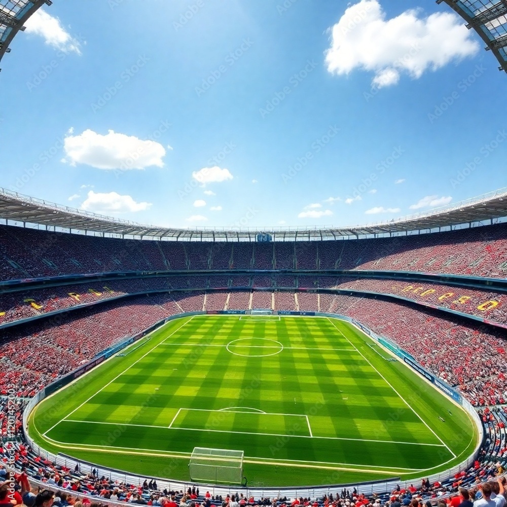 Fototapeta premium High-resolution stock photo a sprawling football stadium under bright sunlight, commercial use, professional quality photography, showcasing the stadium's architecture and crowd details, 