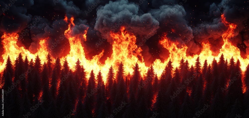A dramatic scene of a forest engulfed in flames, with dark clouds looming above, depicting the intensity of a wildfire. A dramatic scene of a forest engulfed in flames, with dark clouds looming above, depicting the intensity of a wildfire.