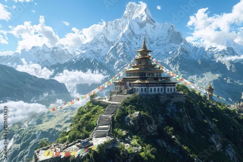 Prayer flags fluttering in the wind at a mountain temple capturing peace and spirituality amidst breathtaking natural beauty