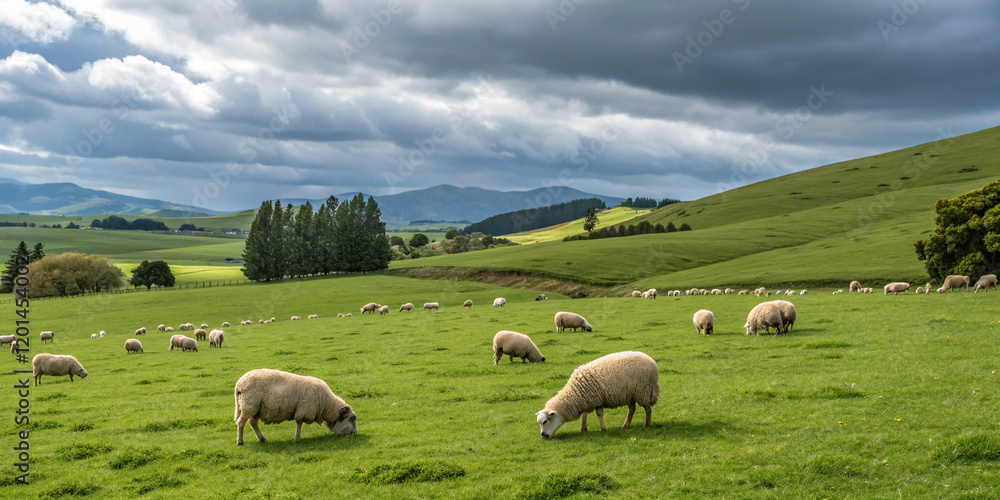 Serene Pastures: Sheep Grazing in the New Zealand Countryside Serene Pastures: Sheep Grazing in the New Zealand Countryside