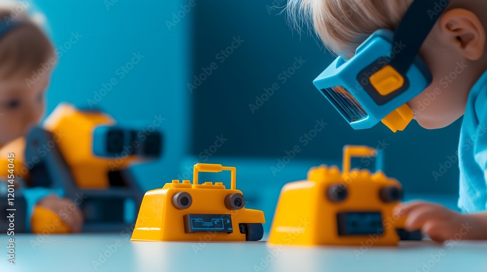Generation Alpha and trends concept: Young children coding robots in an augmented reality environment, Generation Alpha, innovation in STEM education. Generation Alpha and trends concept: Young children coding robots in an augmented reality environment, Generation Alpha, innovation in STEM education.