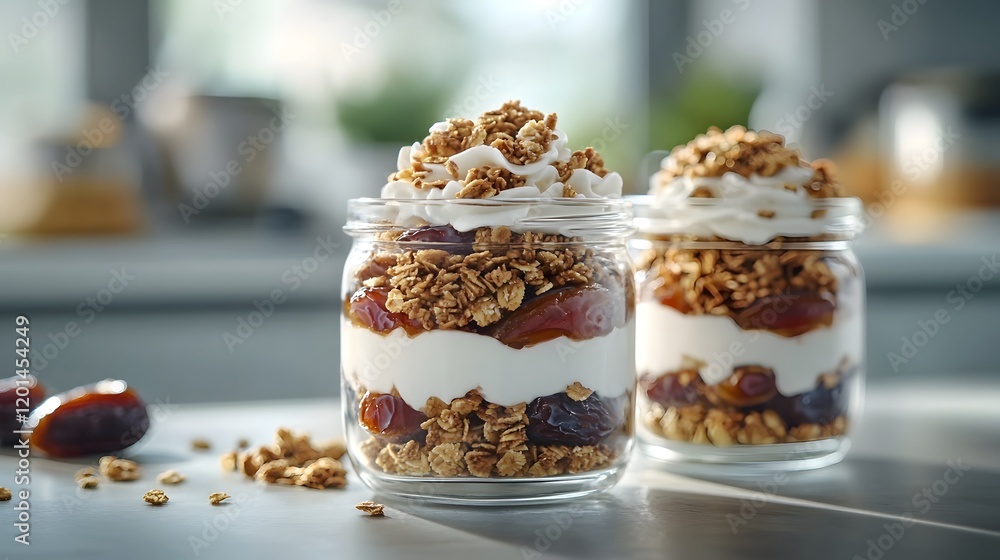 Layered Breakfast Parfait in Glass Jars with Yogurt and Granola,Modern Food Styling and Photography Layered Breakfast Parfait in Glass Jars with Yogurt and Granola,Modern Food Styling and Photography