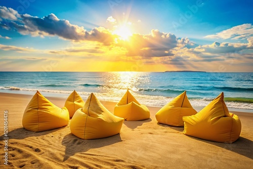 Relaxing Beach Scene: Four Yellow Bean Bag Chairs on Sandy Shore photo