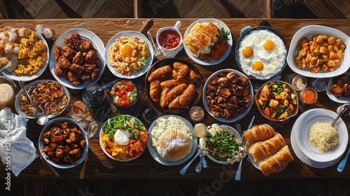 Family brunch potluck celebration vibrant table setting food photography festive home atmosphere top-down view diversity in cuisine