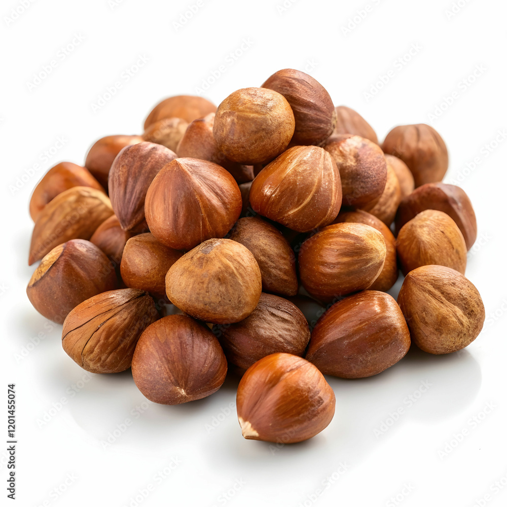 A pile of fresh hazelnuts, showcasing their brown, textured shells, isolated on a white background A pile of fresh hazelnuts, showcasing their brown, textured shells, isolated on a white background